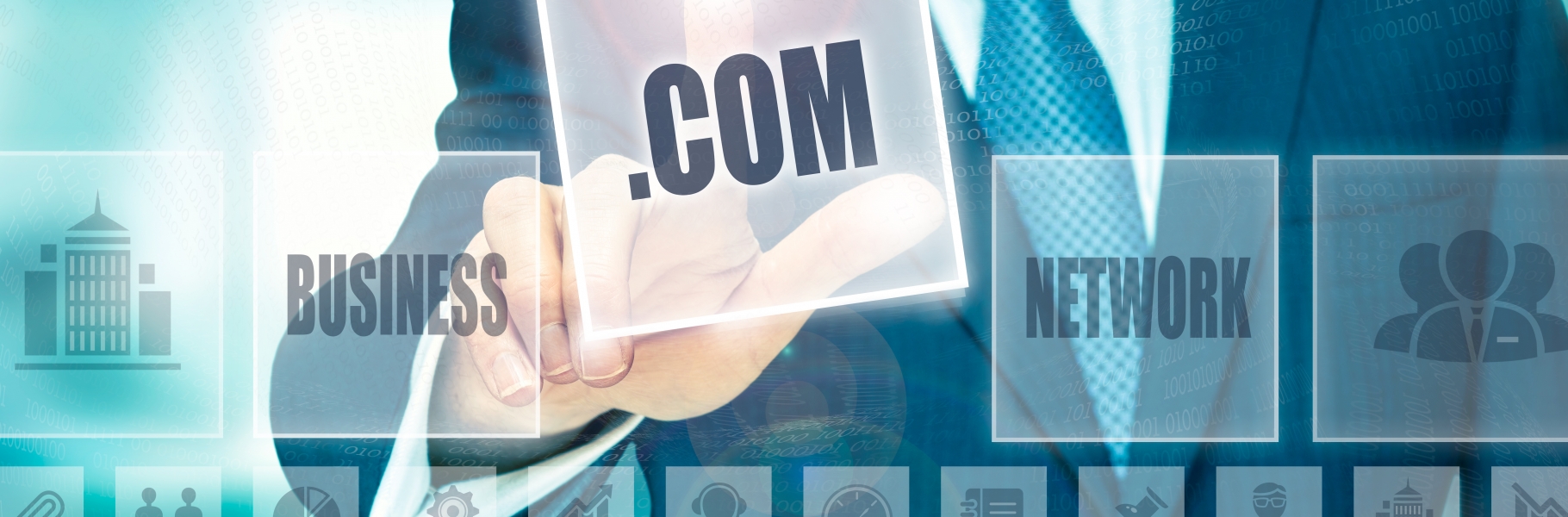 Businessman pressing an .com concept button.